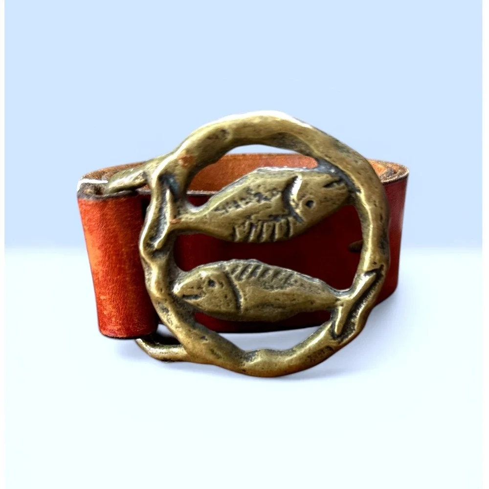 Unbranded Vintage Pisces Zodiac Belt Brown Leather Brass Buckle Vintage Boho